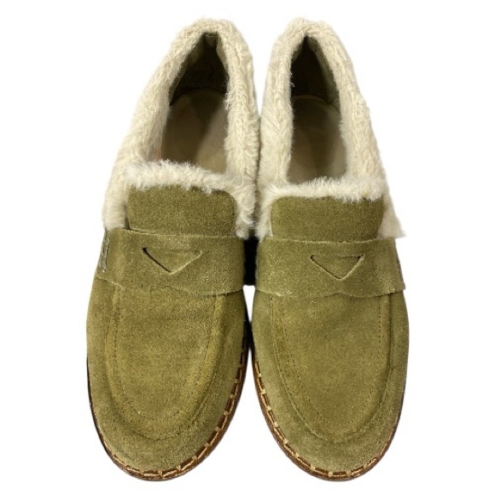 SCHUTZ Christie Cow Suede Faux Fur Trim Olive Green Loafers Size 7 Loafer
